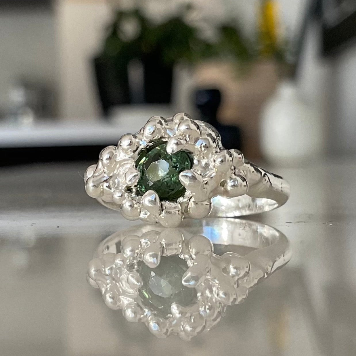 Green tourmaline silver ring