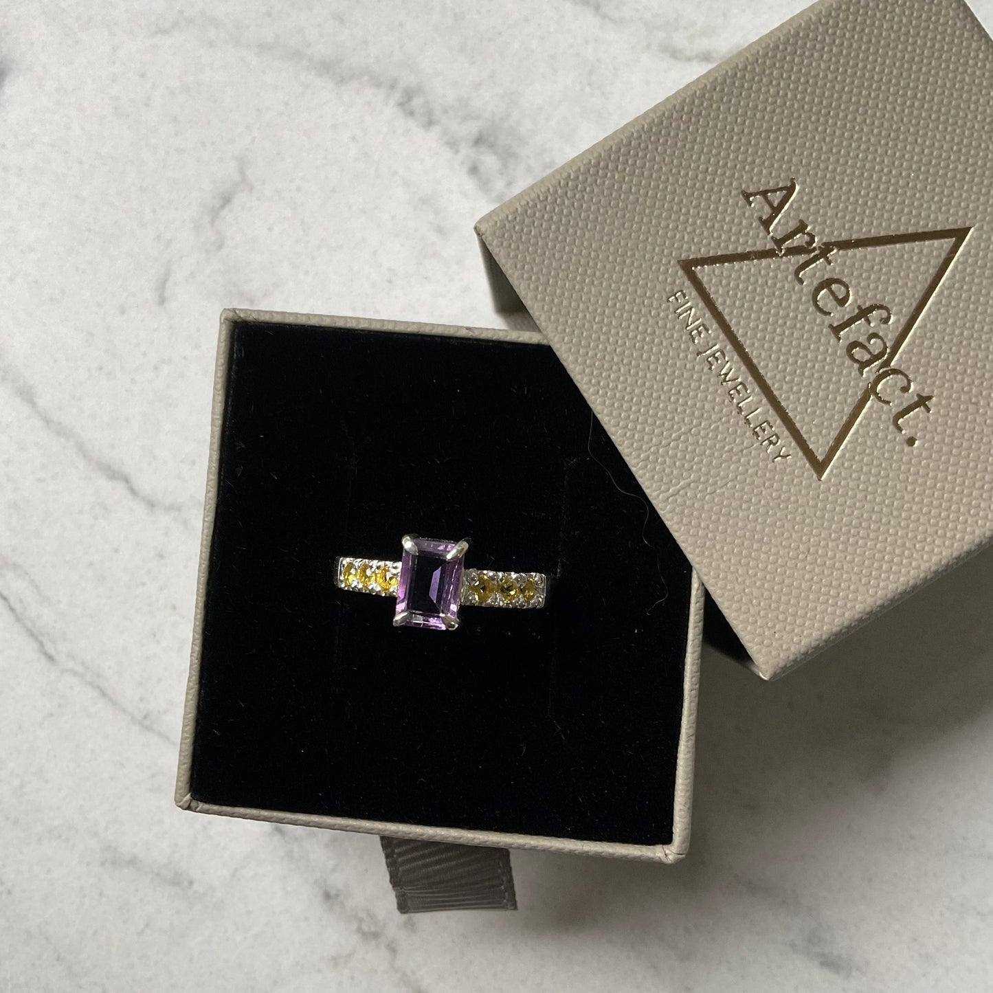 Sterling silver amethyst ring in ring box