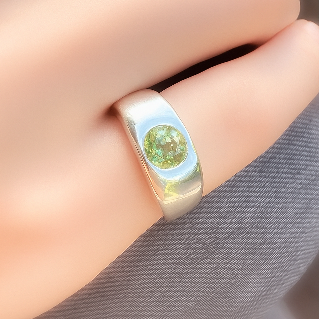 Green tourmaline pinky ring shown on model