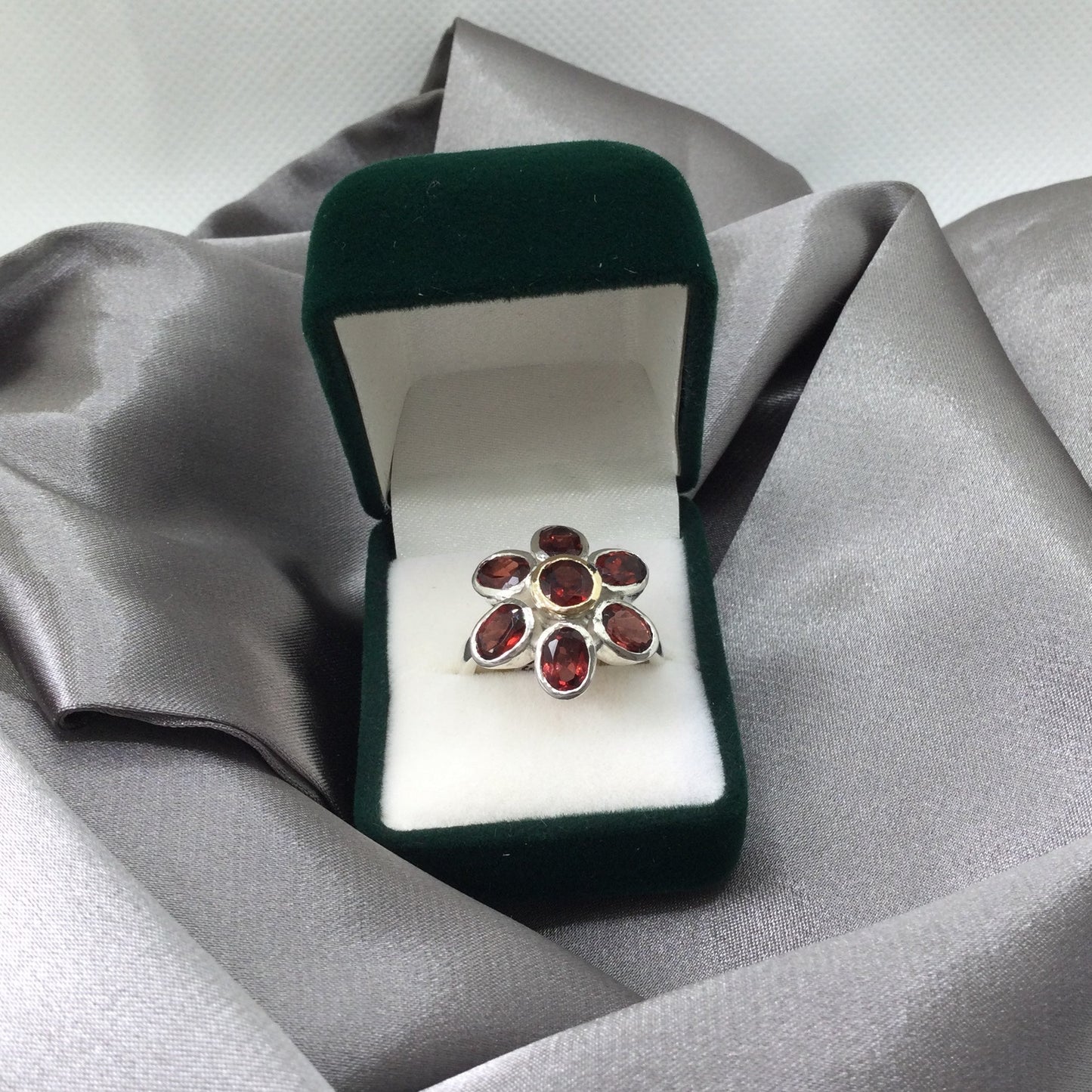 garnet flower ring in box