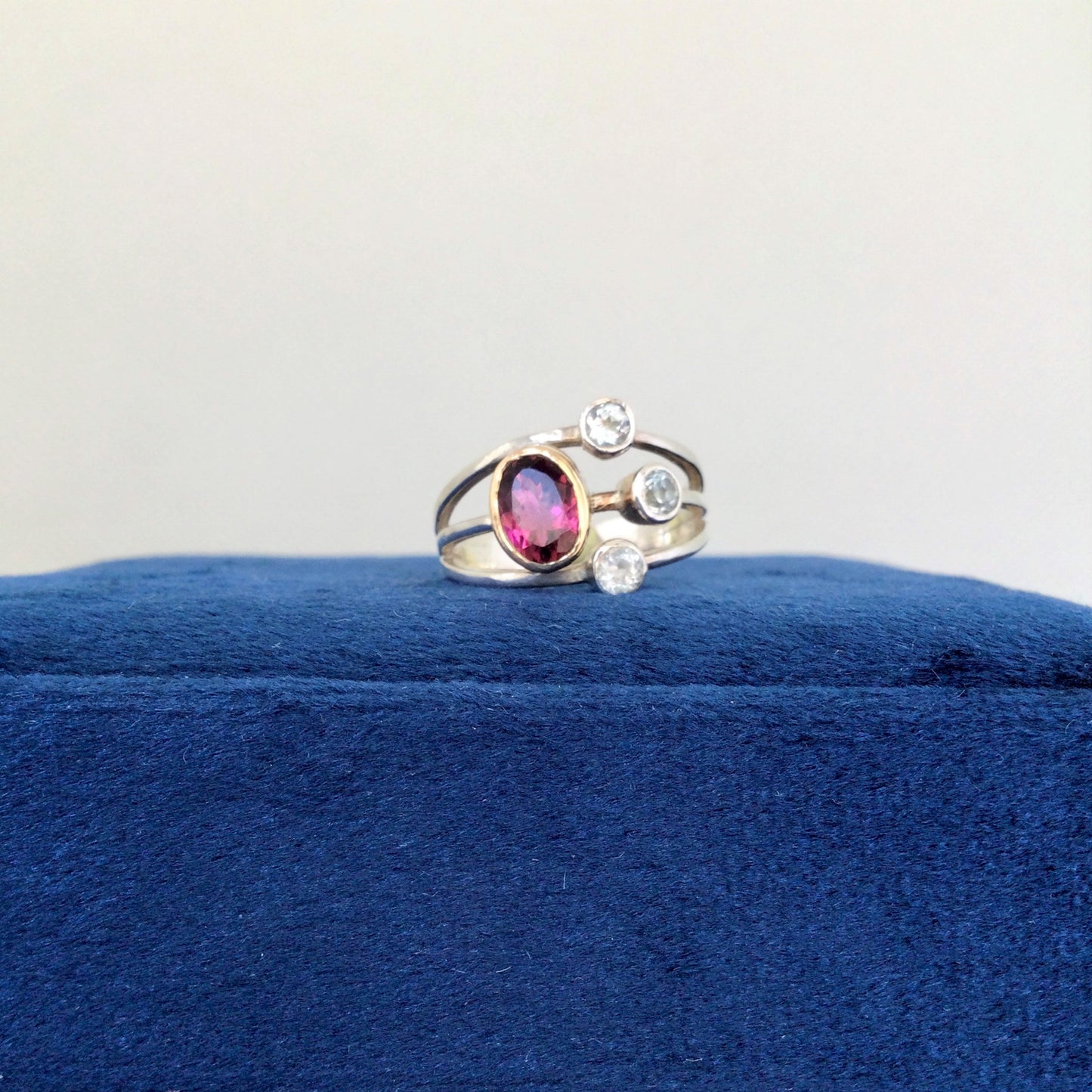 Saturn Ring | Pink Garnet & Aquamarine ring with 9ct Gold - UK/AU Size K (Small)