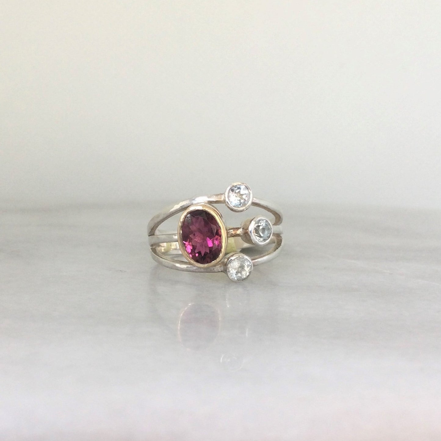 Saturn Ring | Pink Garnet & Aquamarine ring with 9ct Gold - UK/AU Size K (Small)