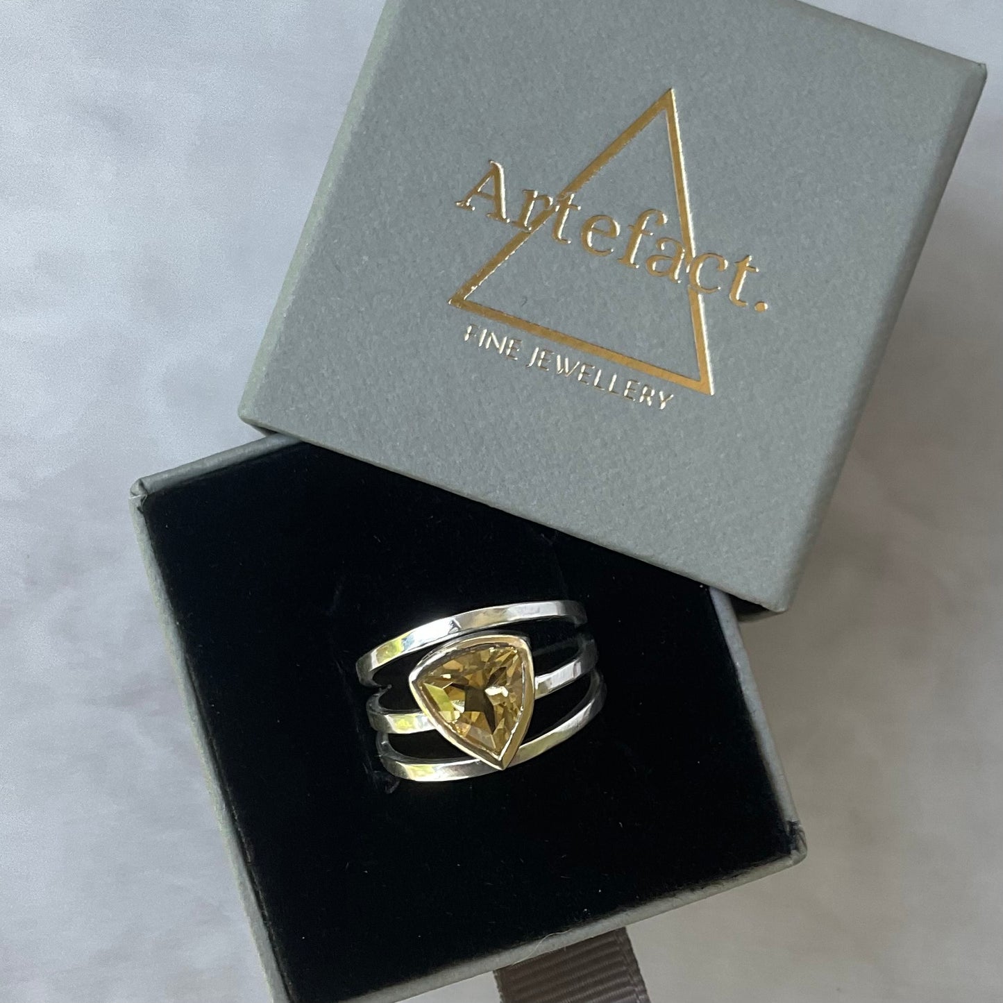 Golden shield ring | Silver citrine cage