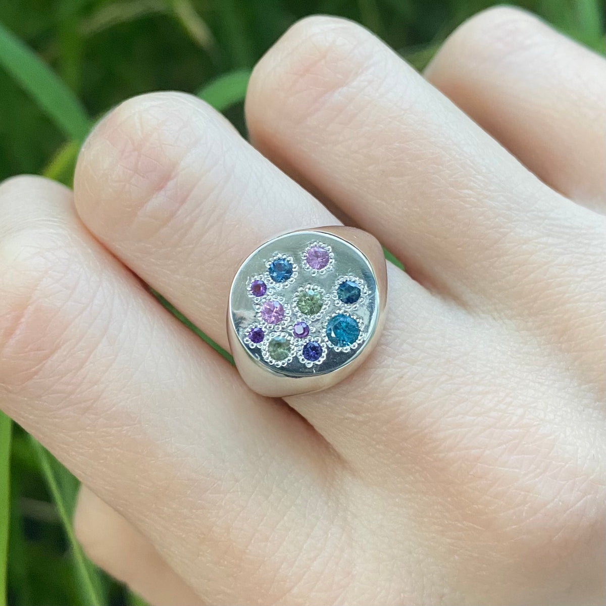 Handmade in Melbourne unique signet ring set with multiple natural sapphires