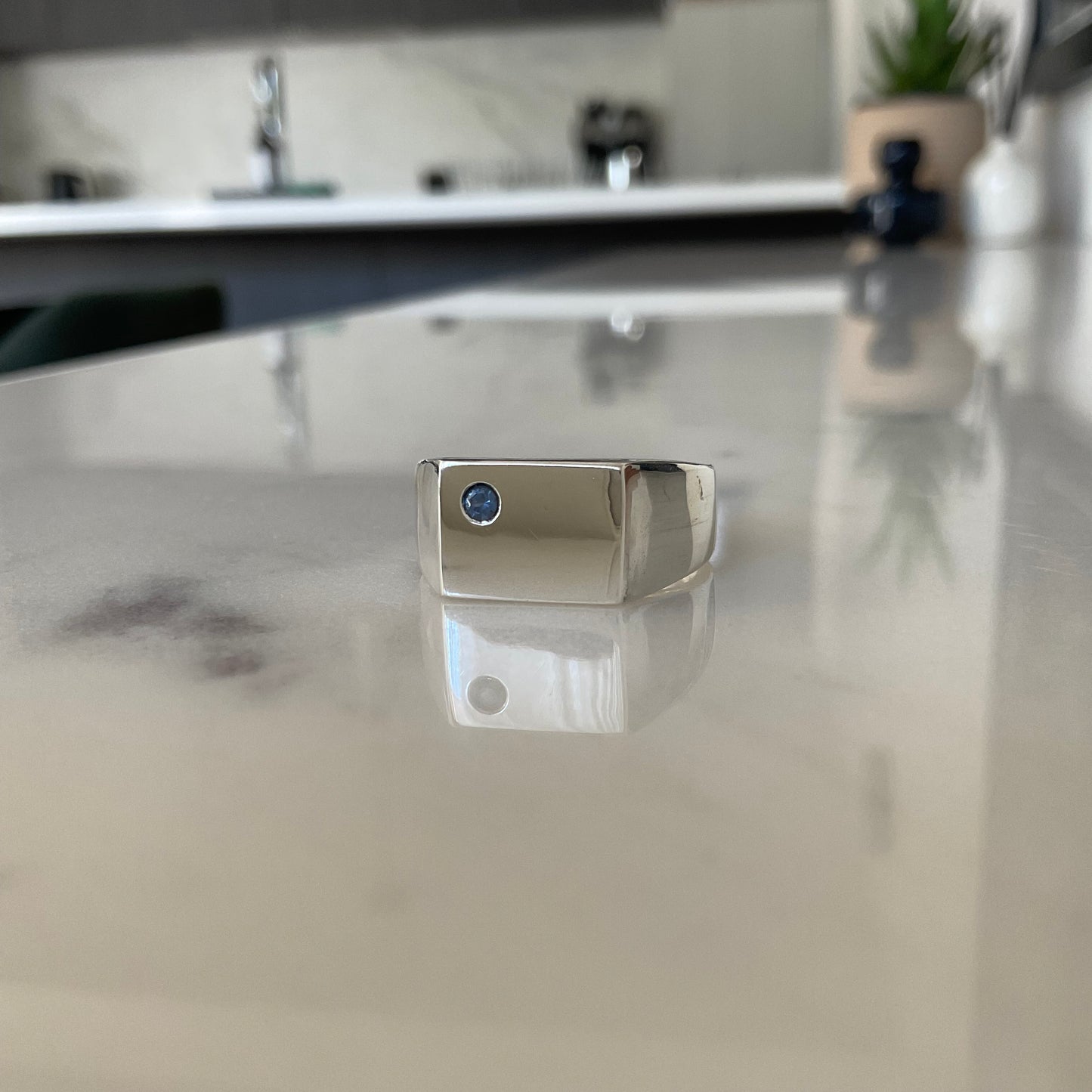 Poseidon Ring | Silver sapphire signet ring - UK/AU Size R