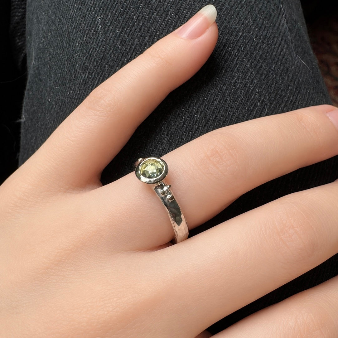 Rose cut gemstone mixed metal hammered ring