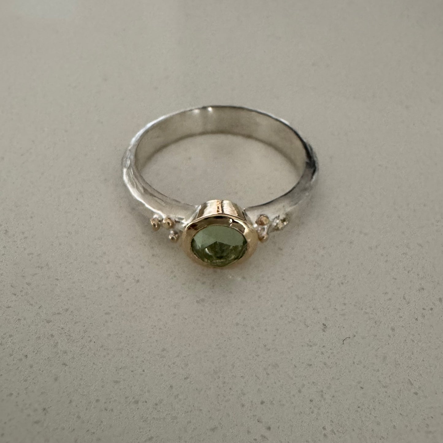 Rose cut gemstone mixed metal hammered ring