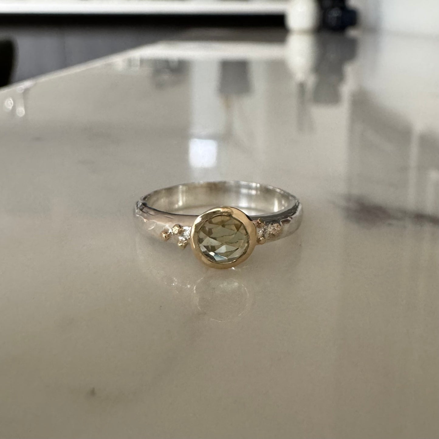 Rose cut gemstone mixed metal hammered ring