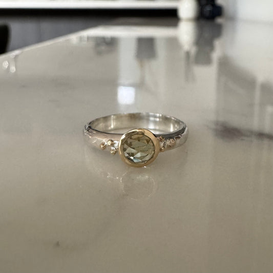 Rose cut gemstone mixed metal hammered ring