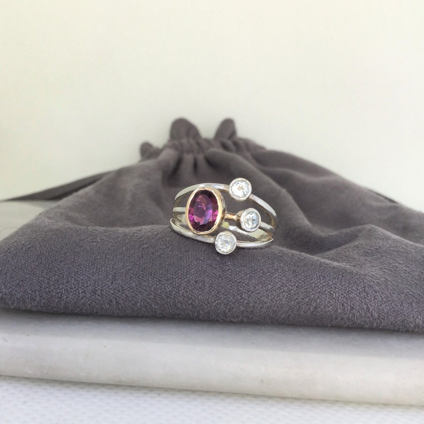 Saturn Ring | Pink Garnet & Aquamarine ring with 9ct Gold - UK/AU Size K (Small)
